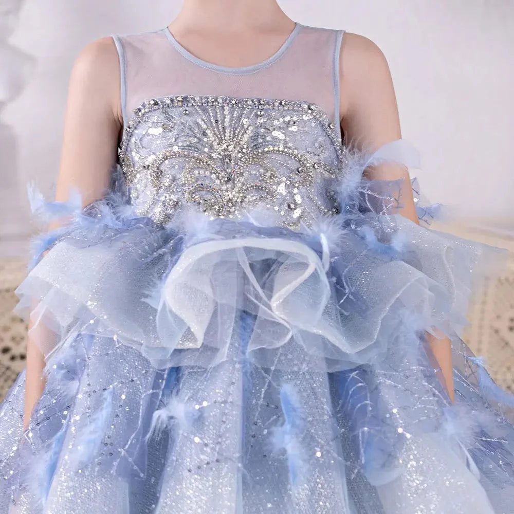 Luxury Dubai Sky Blue Flower Girl Dresses Beading Feathers J134