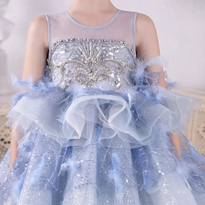 Luxury Dubai Sky Blue Flower Girl Dresses Beading Feathers J134