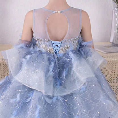 Luxury Dubai Sky Blue Flower Girl Dresses Beading Feathers J134
