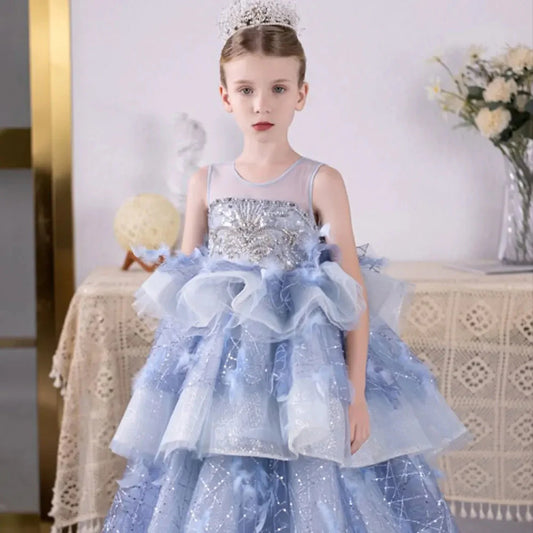 Luxury Dubai Sky Blue Flower Girl Dresses Beading Feathers J134