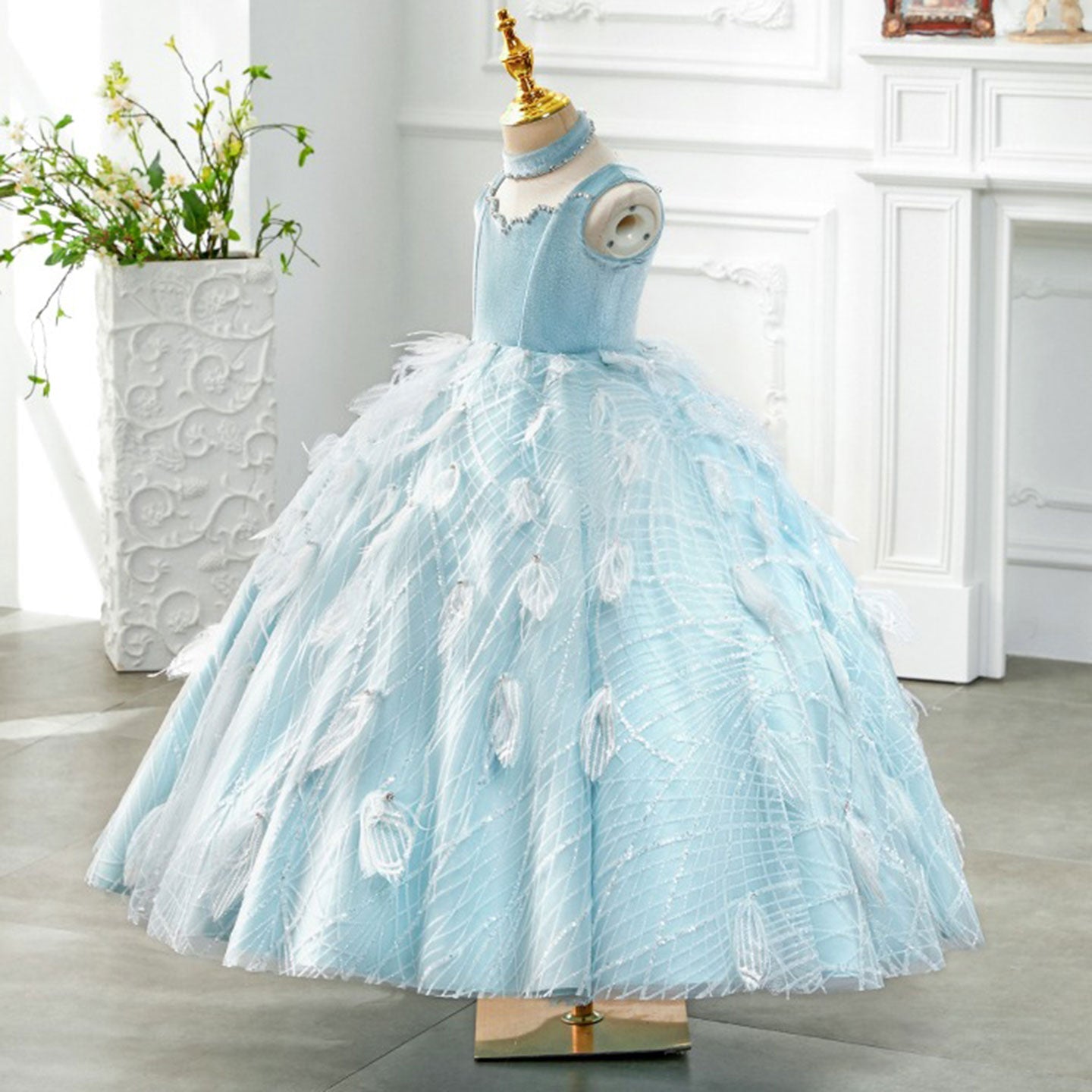 Luxury Dubai Sky Blue Girl dresses High-Neck Feather J128