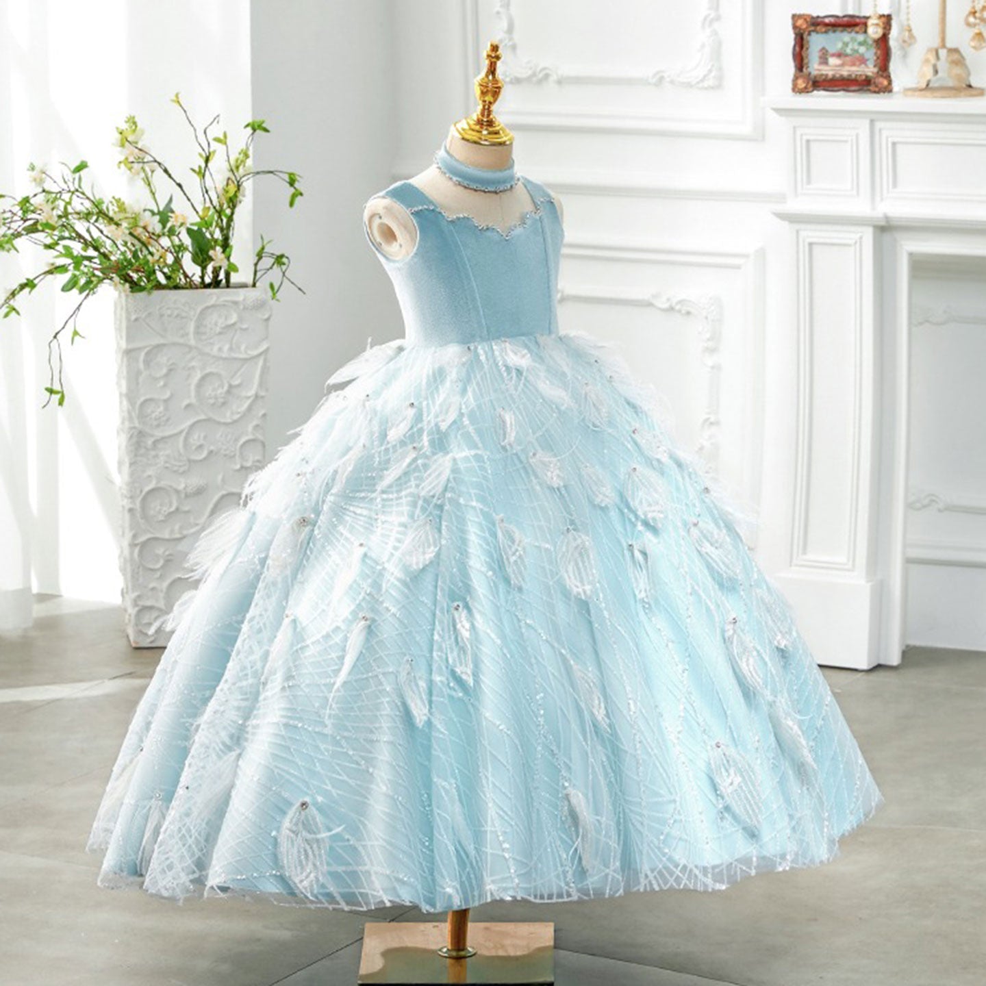 Luxury Dubai Sky Blue Girl dresses High-Neck Feather J128