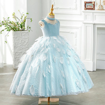 Luxury Dubai Sky Blue Girl dresses High-Neck Feather J128