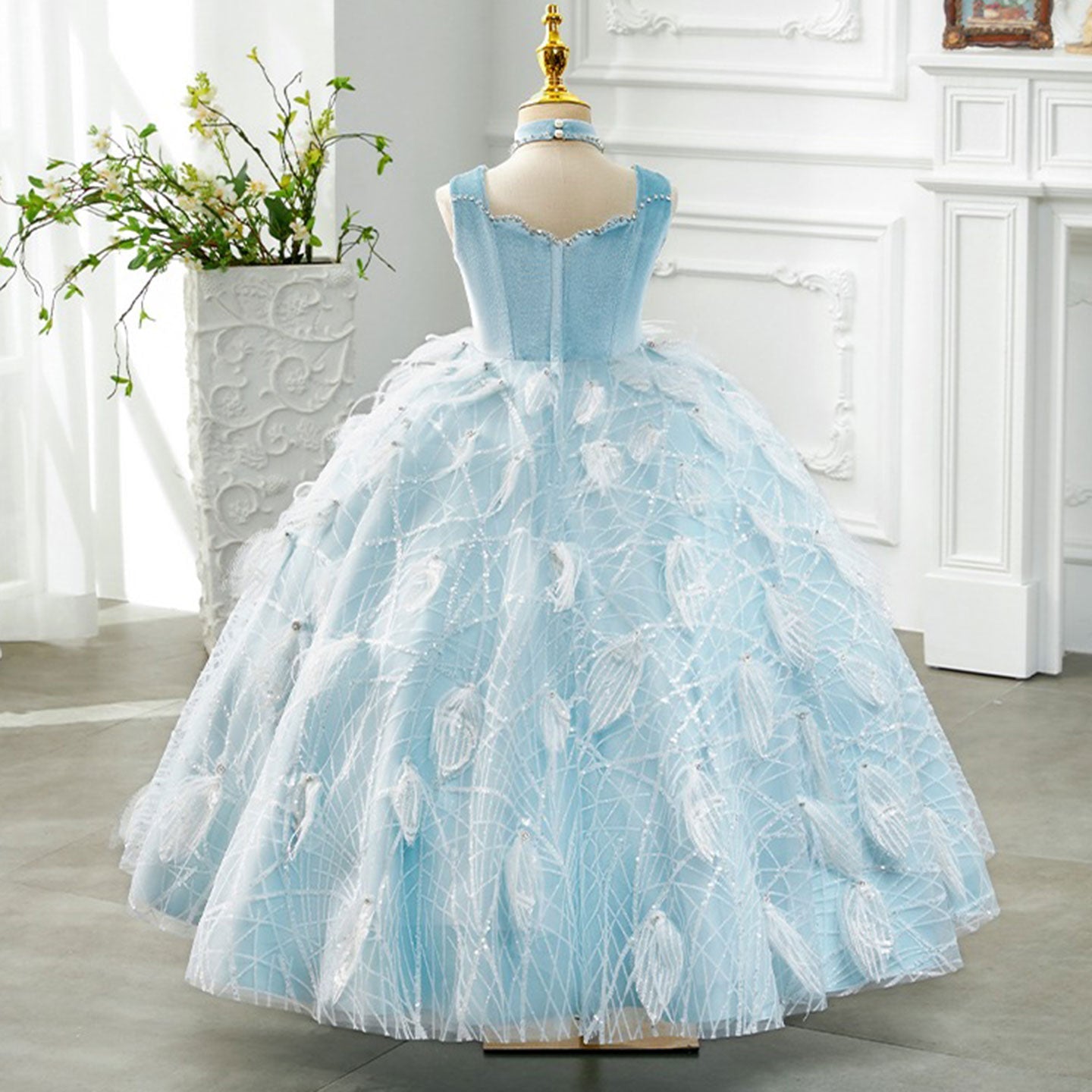 Luxury Dubai Sky Blue Girl dresses High-Neck Feather J128
