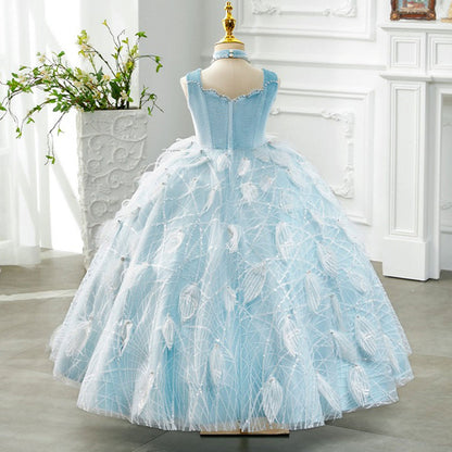 Luxury Dubai Sky Blue Girl dresses High-Neck Feather J128
