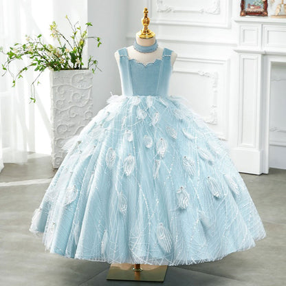 Luxury Dubai Sky Blue Girl dresses High-Neck Feather J128
