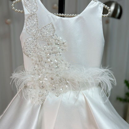 Luxury Dubai White Girl Dress 3D Flowers Beading Ball Gown J322