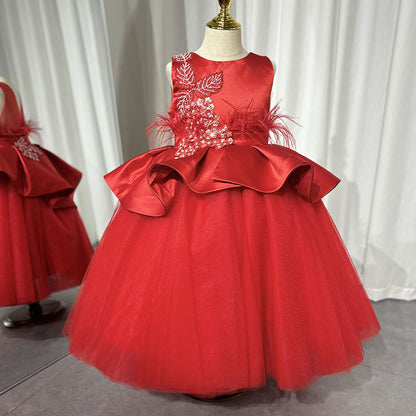 Luxury Dubai White Girl Dress 3D Flowers Beading Ball Gown J322