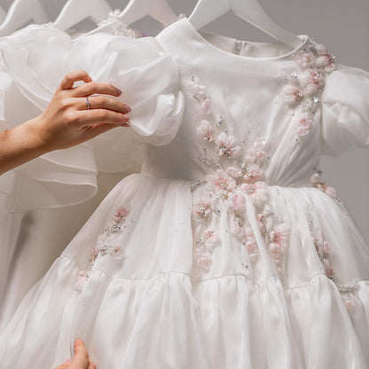 Luxury Dubai White Girl Dress 3D Flowers Beading Ball Gown J348