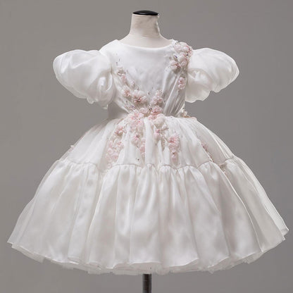 Luxury Dubai White Girl Dress 3D Flowers Beading Ball Gown J348