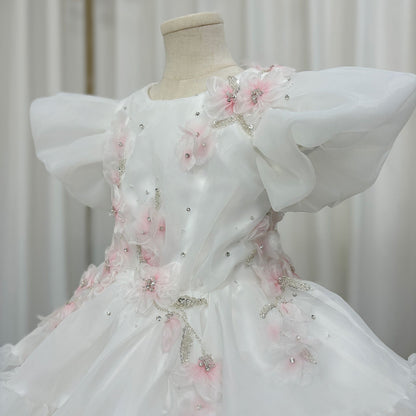 Luxury Dubai White Girl Dress 3D Flowers Beading Ball Gown J348