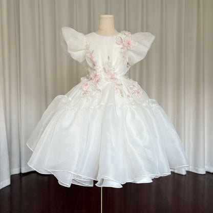 Luxury Dubai White Girl Dress 3D Flowers Beading Ball Gown J348