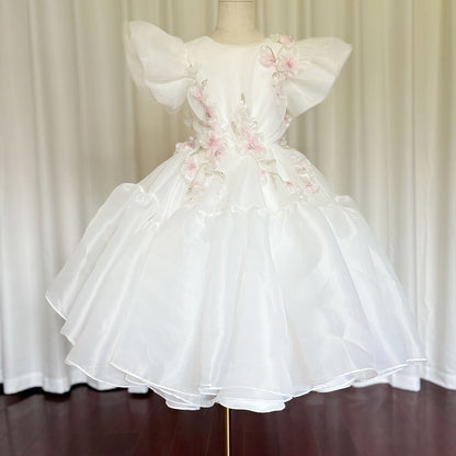 Luxury Dubai White Girl Dress 3D Flowers Beading Ball Gown J348