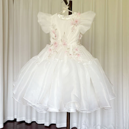 Luxury Dubai White Girl Dress 3D Flowers Beading Ball Gown J348