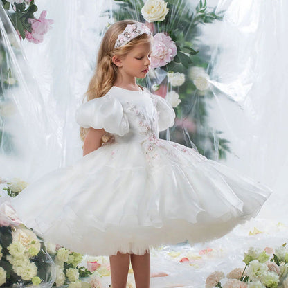 Luxury Dubai White Girl Dress 3D Flowers Beading Ball Gown J348