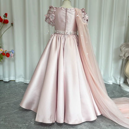 Luxury Dusty Pink Girl Dress Beadeds Arabic with Cap J037