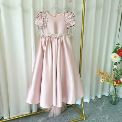 Luxury Dusty Pink Girl Dress Beadeds Arabic with Cap J037