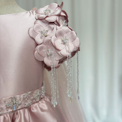 Luxury Dusty Pink Girl Dress Beadeds Arabic with Cap J037