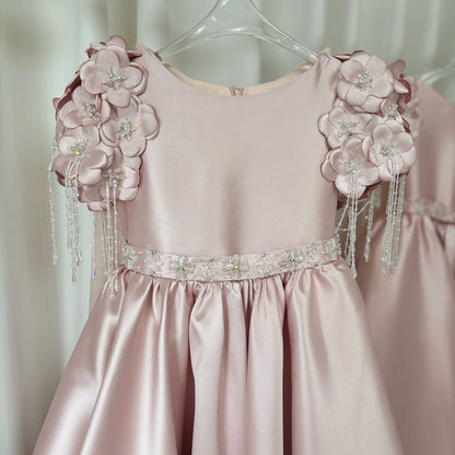 Luxury Dusty Pink Girl Dress Beadeds Arabic with Cap J037