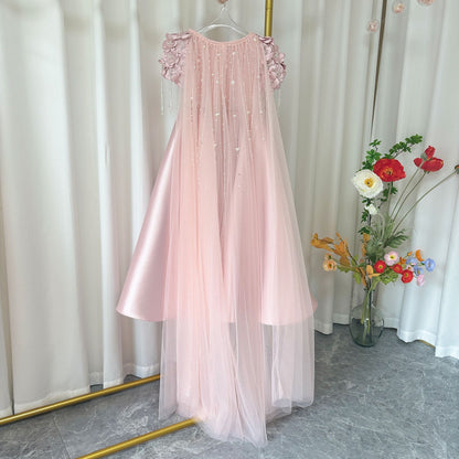 Luxury Dusty Pink Girl Dress Beadeds Arabic with Cap J037