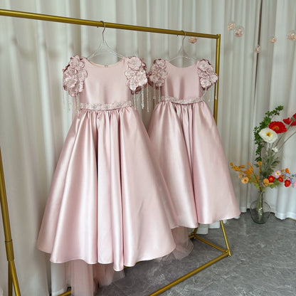 Luxury Dusty Pink Girl Dress Beadeds Arabic with Cap J037