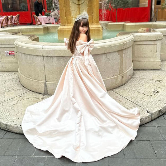 Luxury Elegant Pink Flower Girl Dress with Bow J113