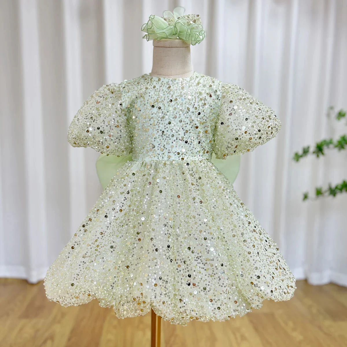 Luxury Elegant Shiny Sage Girl Dress Bow Princess Baby Kids J156