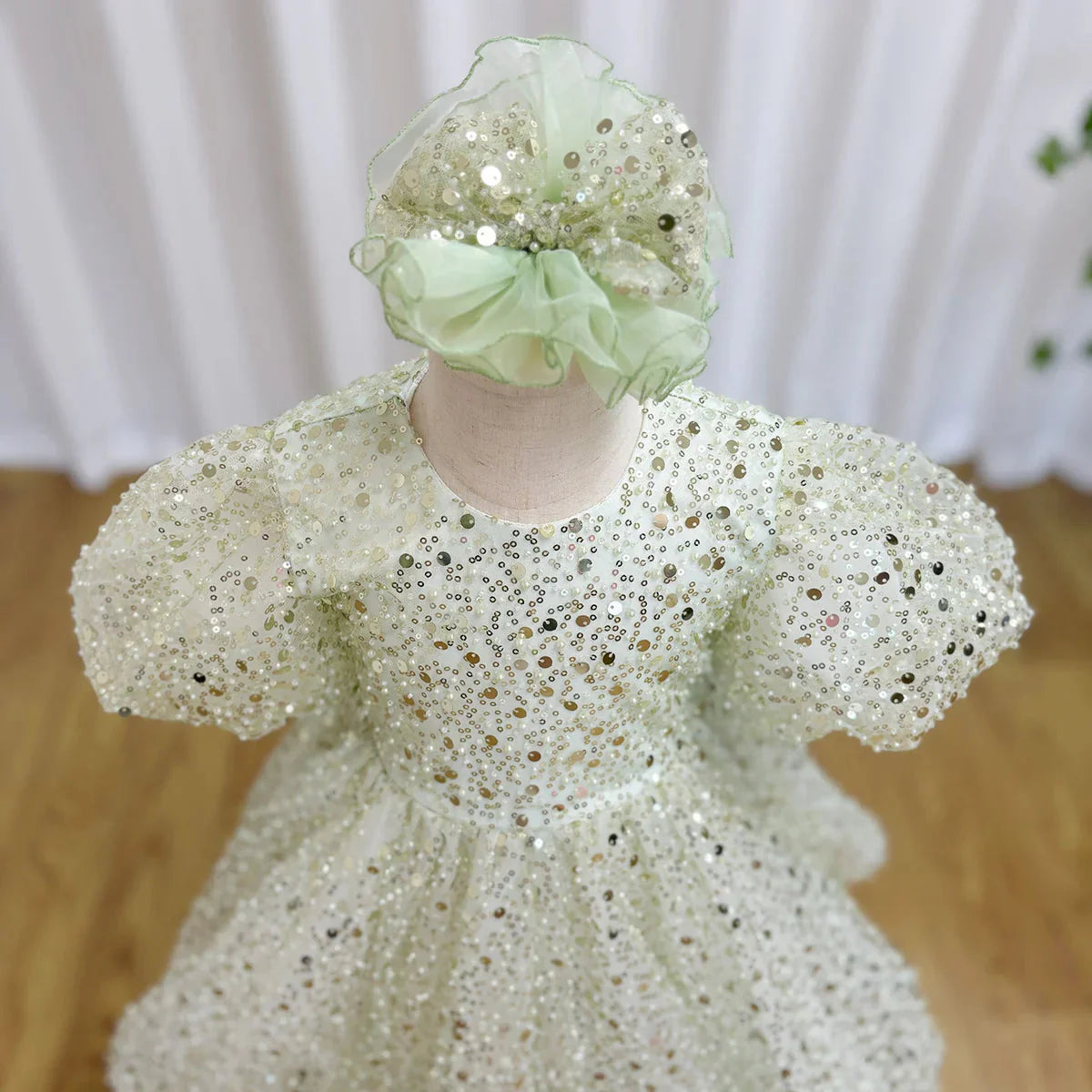 Luxury Elegant Shiny Sage Girl Dress Bow Princess Baby Kids J156