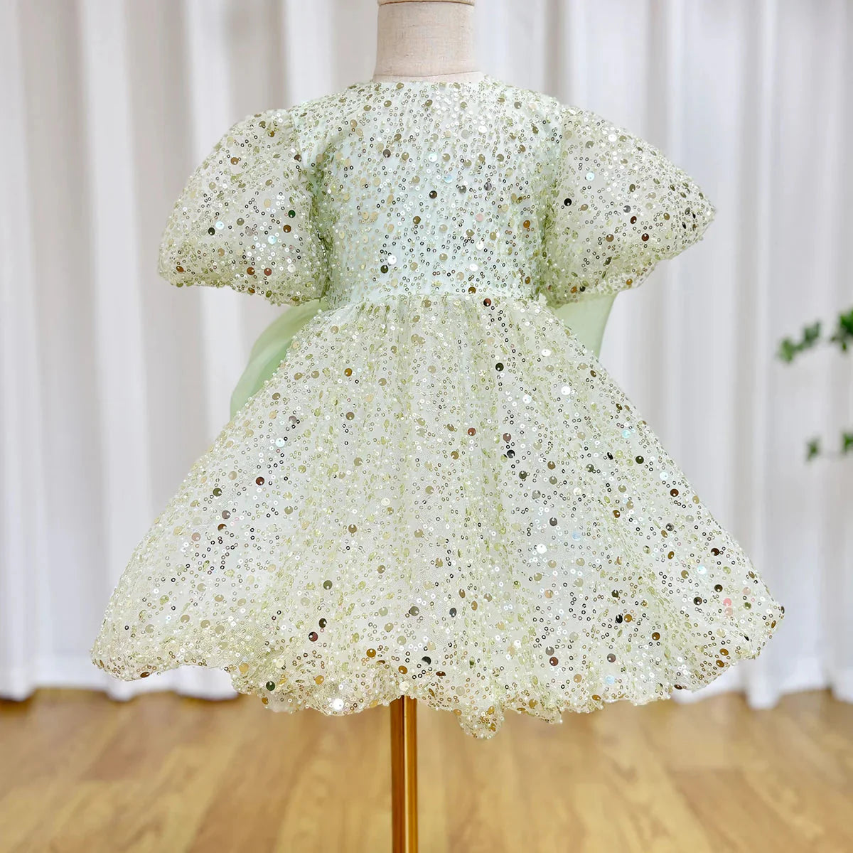 Luxury Elegant Shiny Sage Girl Dress Bow Princess Baby Kids J156