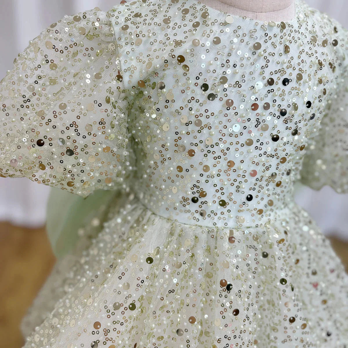 Luxury Elegant Shiny Sage Girl Dress Bow Princess Baby Kids J156
