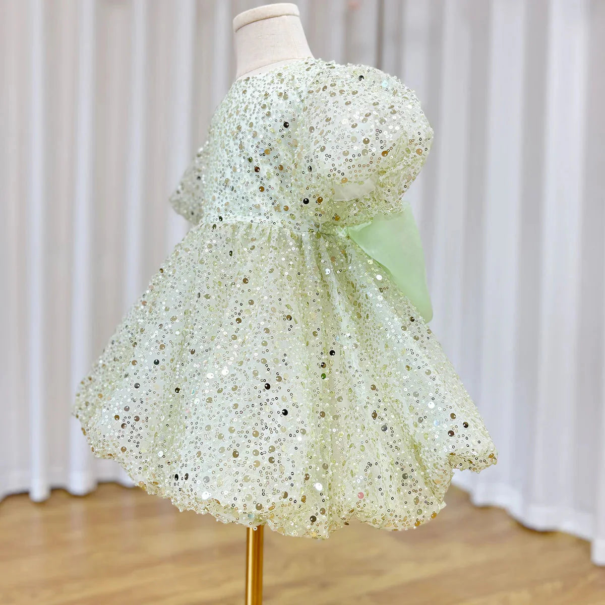 Luxury Elegant Shiny Sage Girl Dress Bow Princess Baby Kids J156