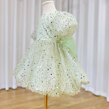 Luxury Elegant Shiny Sage Girl Dress Bow Princess Baby Kids J156