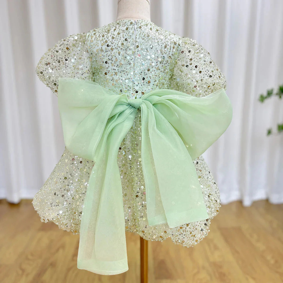 Luxury Elegant Shiny Sage Girl Dress Bow Princess Baby Kids J156