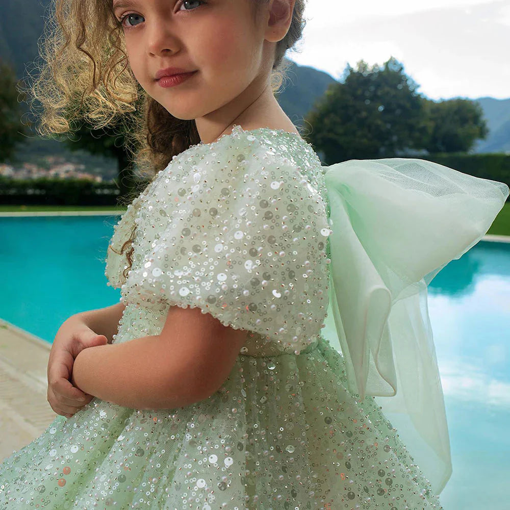 Luxury Elegant Shiny Sage Girl Dress Bow Princess Baby Kids J156