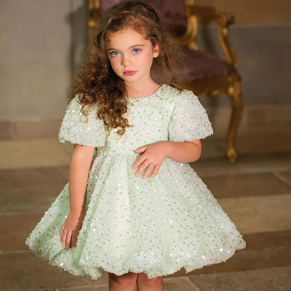 Luxury Elegant Shiny Sage Girl Dress Bow Princess Baby Kids J156
