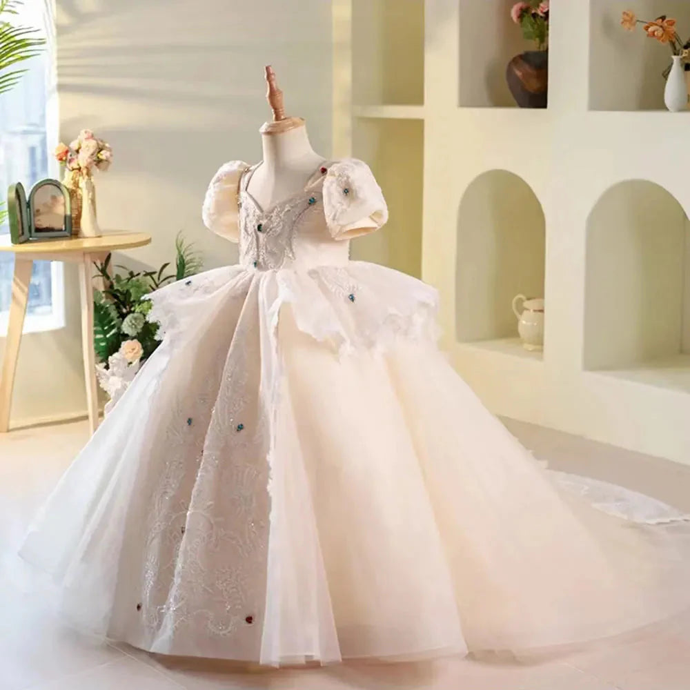 Luxury Elegant White Flower Girl Dress Beads Arabic Princess Kids J248L