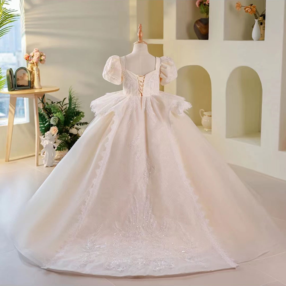 Luxury Elegant White Flower Girl Dress Beads Arabic Princess Kids J248L