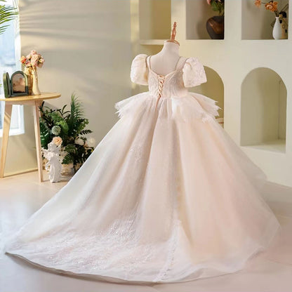 Luxury Elegant White Flower Girl Dress Beads Arabic Princess Kids J248L