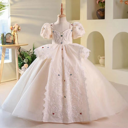 Luxury Elegant White Flower Girl Dress Beads Arabic Princess Kids J248L