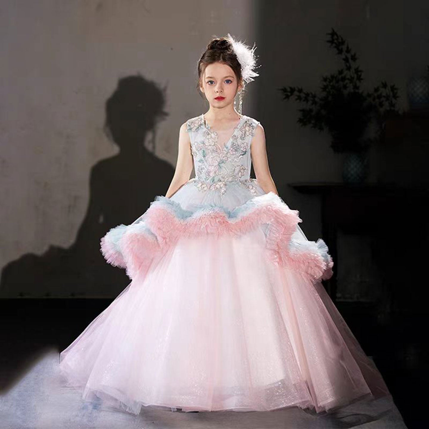 Luxury Embroidery Pink Arabic Bithday Party Girl Dress J120