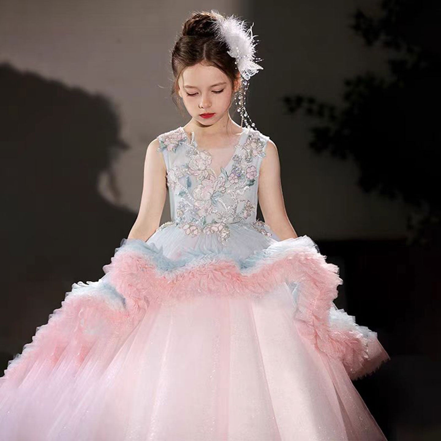 Luxury Embroidery Pink Arabic Bithday Party Girl Dress J120