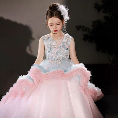 Luxury Embroidery Pink Arabic Bithday Party Girl Dress J120