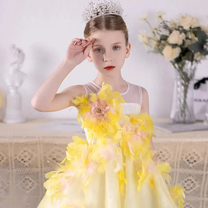 Luxury Flower Girl Dresses Yellow Feathers Princess Gown J133