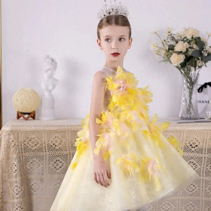 Luxury Flower Girl Dresses Yellow Feathers Princess Gown J133