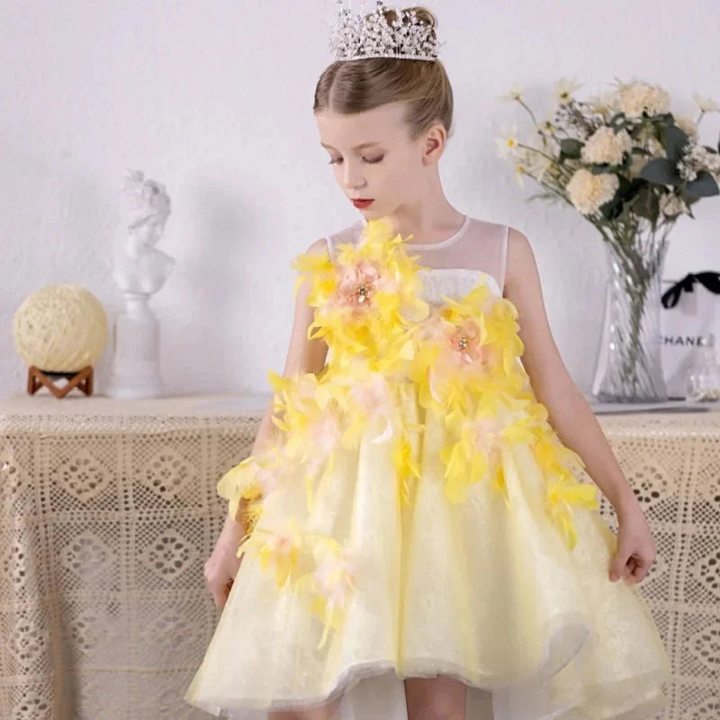 Luxury Flower Girl Dresses Yellow Feathers Princess Gown J133