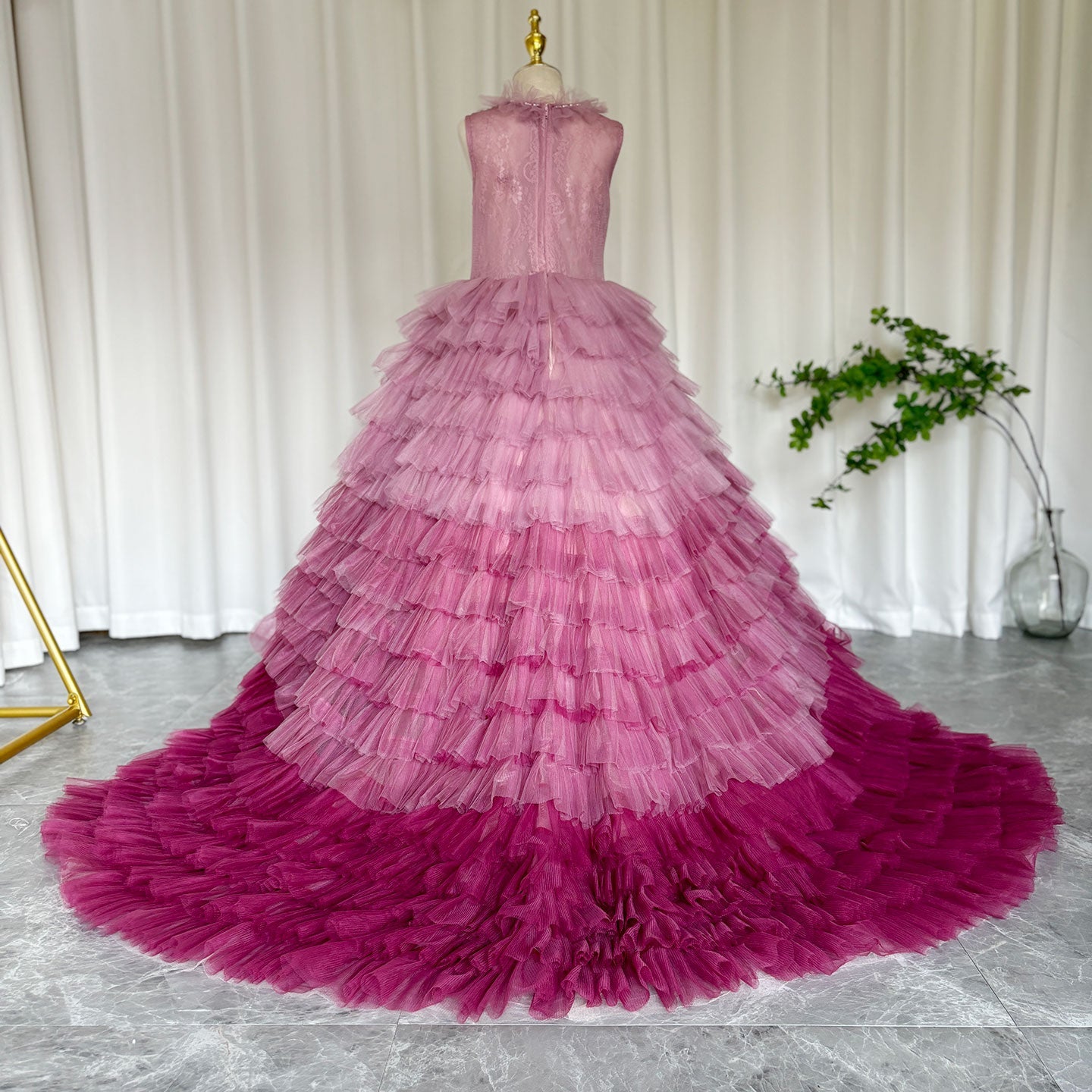 Luxury Fuchsia Flower Girl Dress Tiered Applique Princess Gown J017