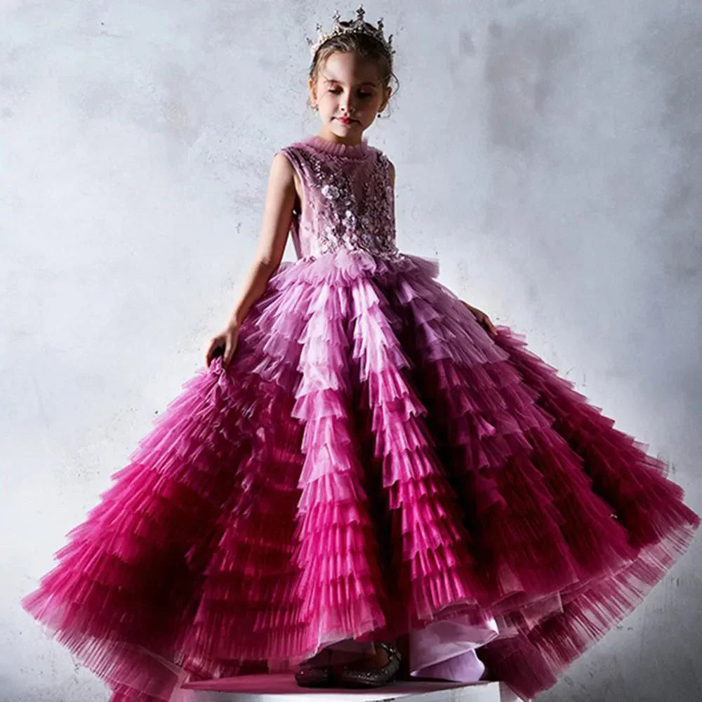 Luxury Fuchsia Flower Girl Dress Tiered Applique Princess Gown J017