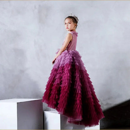 Luxury Fuchsia Flower Girl Dress Tiered Applique Princess Gown J017