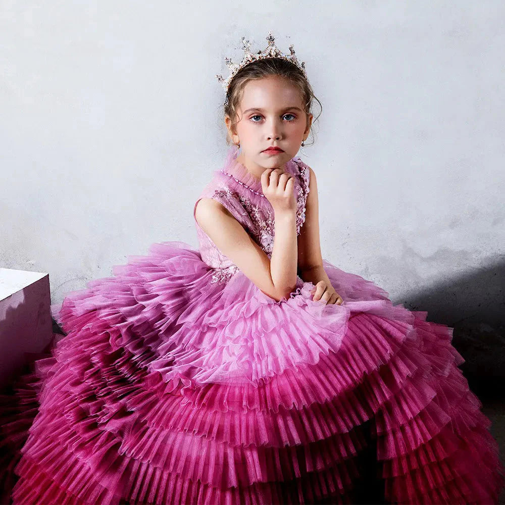 Luxury Fuchsia Flower Girl Dress Tiered Applique Princess Gown J017