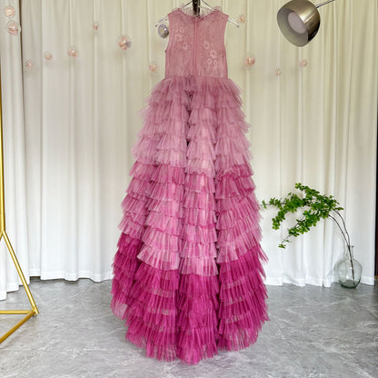 Luxury Fuchsia Flower Girl Dress Tiered Applique Princess Gown J017